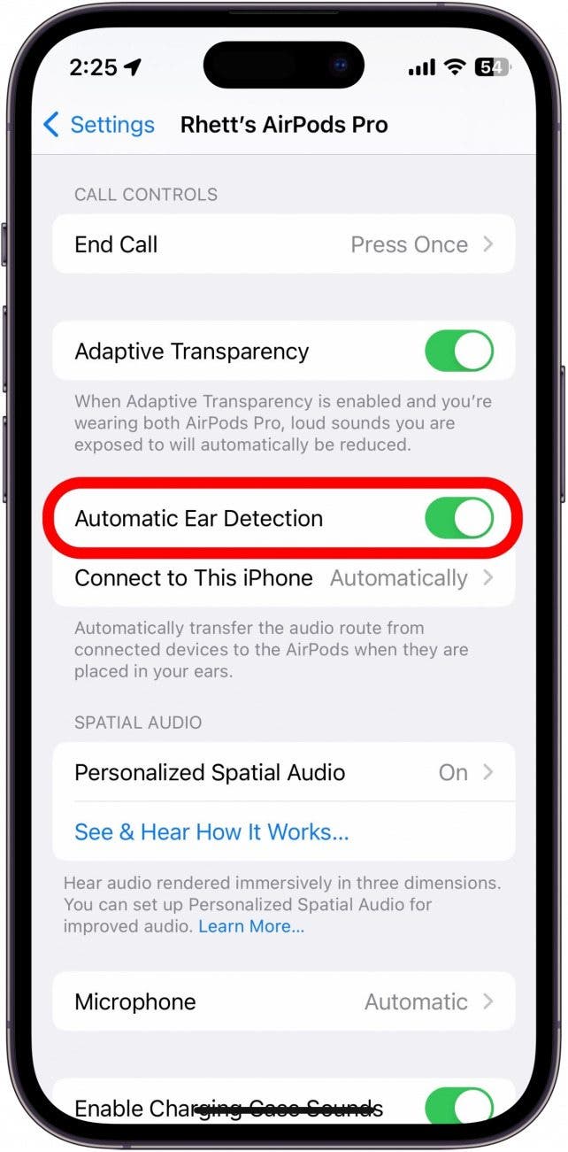 Scroll down, and toggle the switch next to Automatic Ear Detection to turn it off.