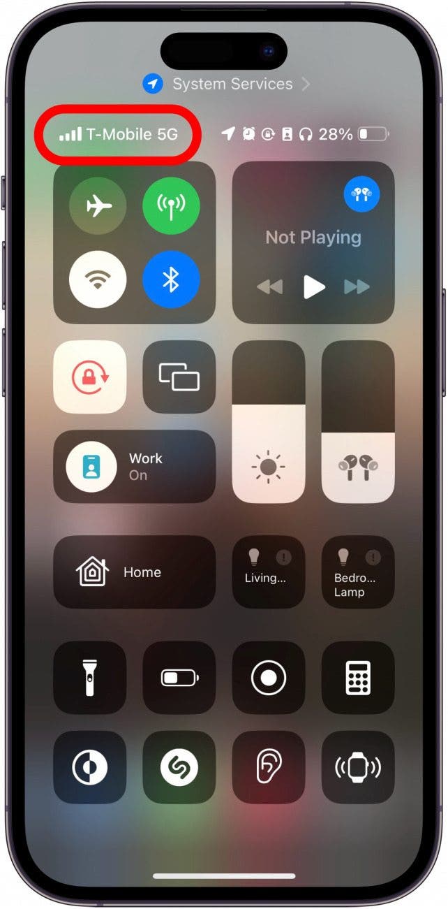 iPhone control center with network connection outlined in red