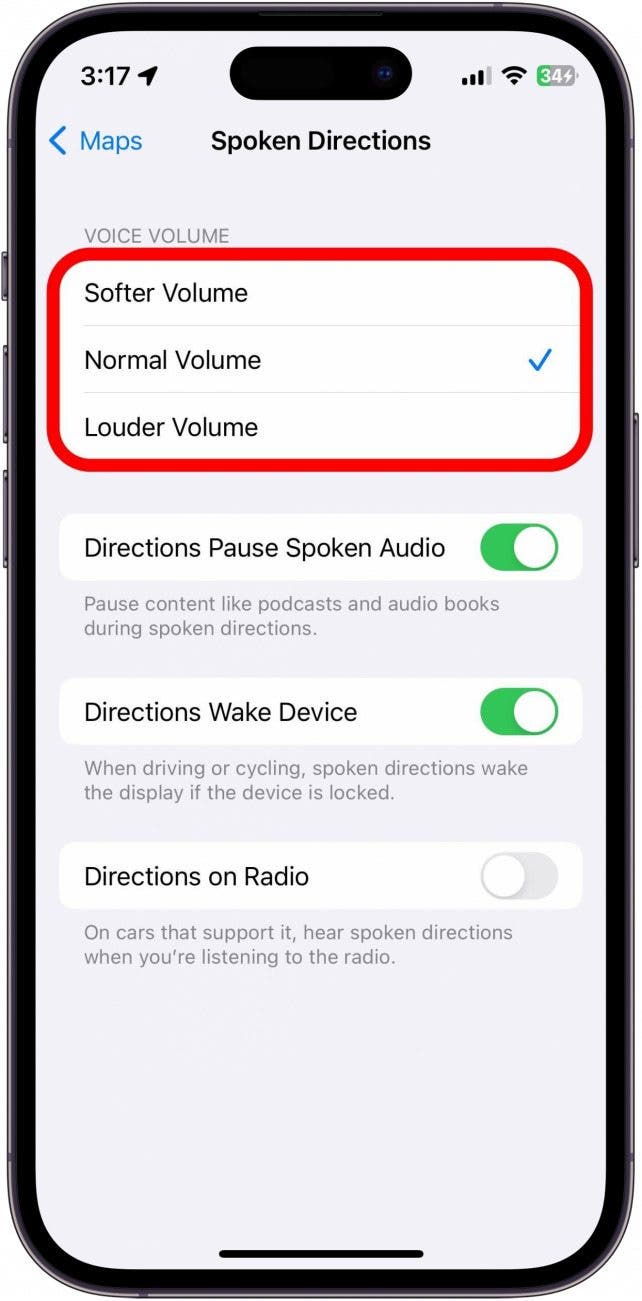 Apple Maps Spoken Directions Settings with Voice Volume options outlined