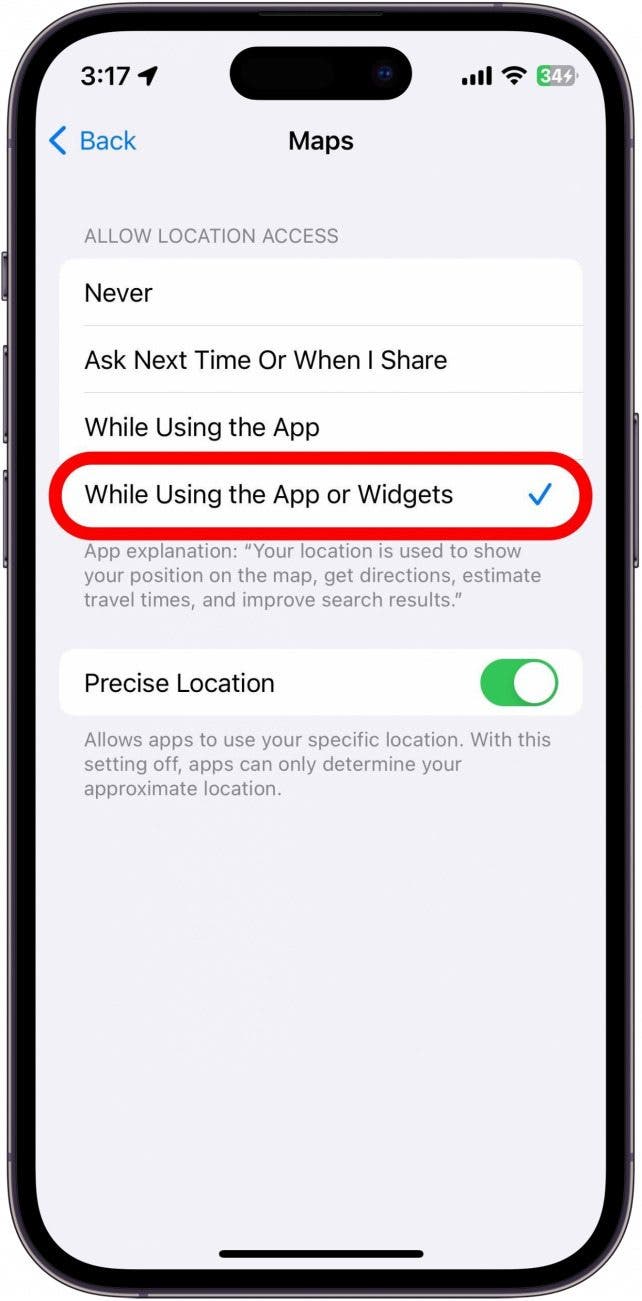 Location settings for Maps on iPhone, with "While Using the App or Widgets" outlined in red.