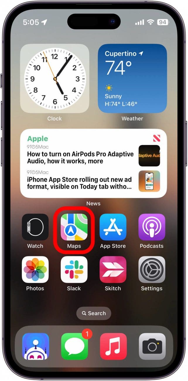 Screenshot of iPhone Home Screen with Maps app circled in red