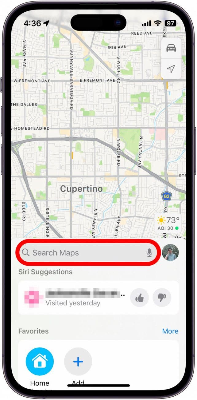 Screenshot of Apple Maps with search bar circled in red