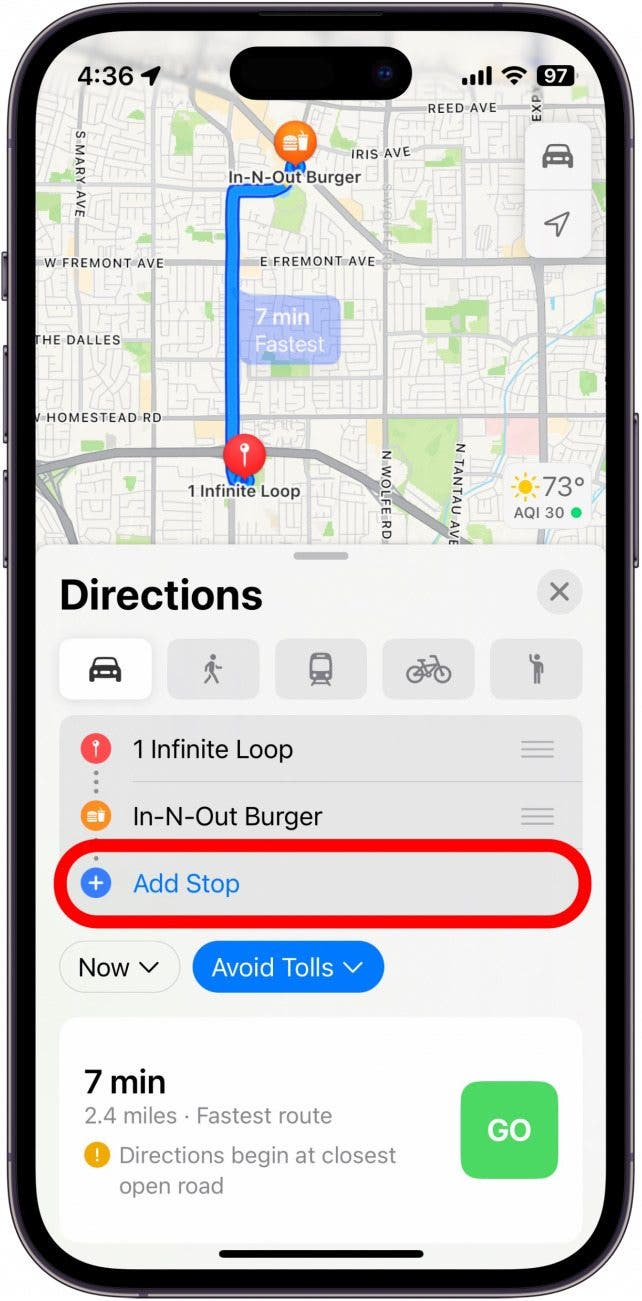 Screenshot of Apple Maps' multi-stop route planner with the Add Stop button circled in red