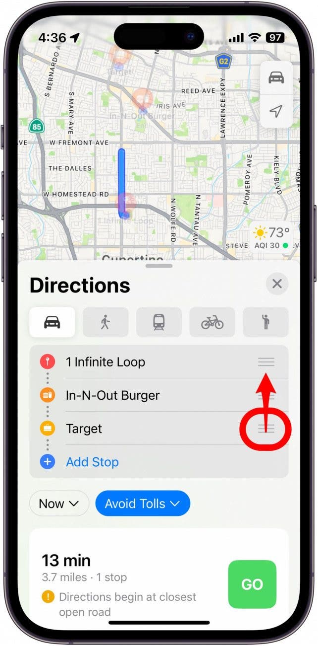 Screenshot of Apple Maps' multi-stop route planner demonstrating how to rearrange stops