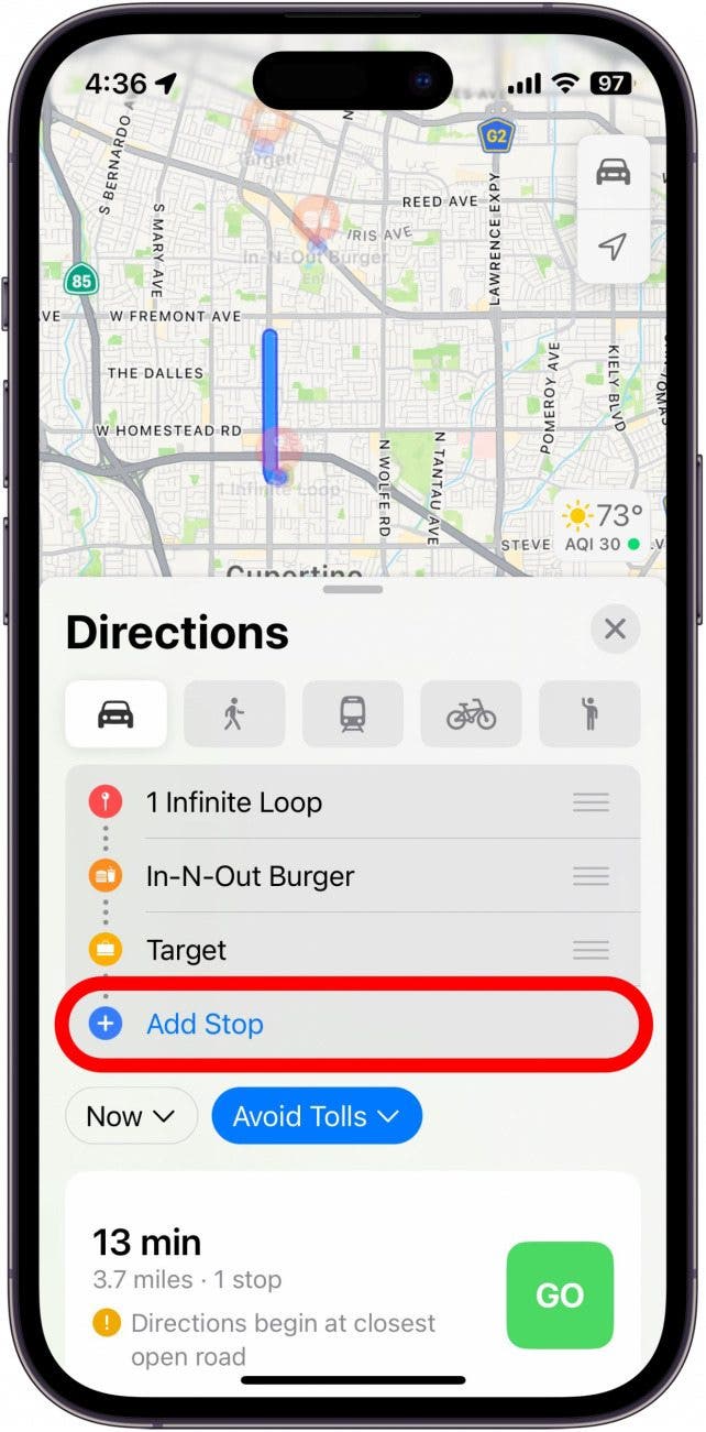 Screenshot demonstrating how to add a stop on Apple Maps