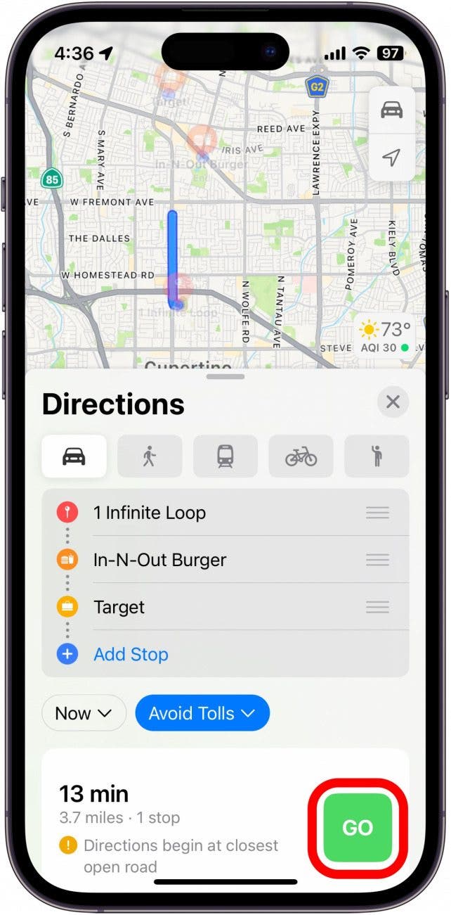 Screenshot of Apple Maps with the Go button circled in red