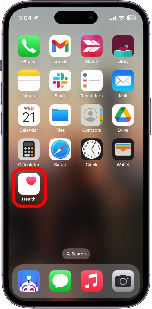 Screenshot of iPhone Home Screen with Health app circled in red