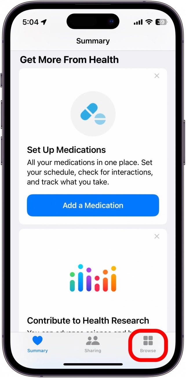 Screenshot of iPhone health app with browse tab circled in red