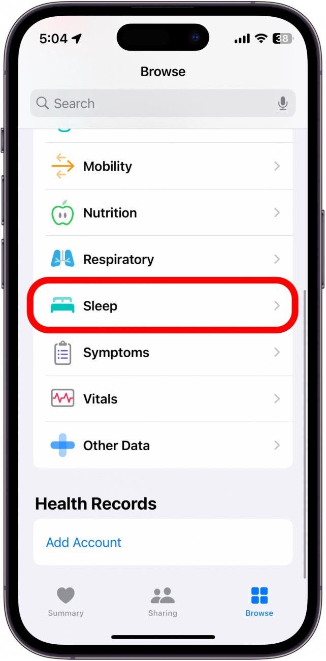 screenshot of iphone health app with sleep category circled in red