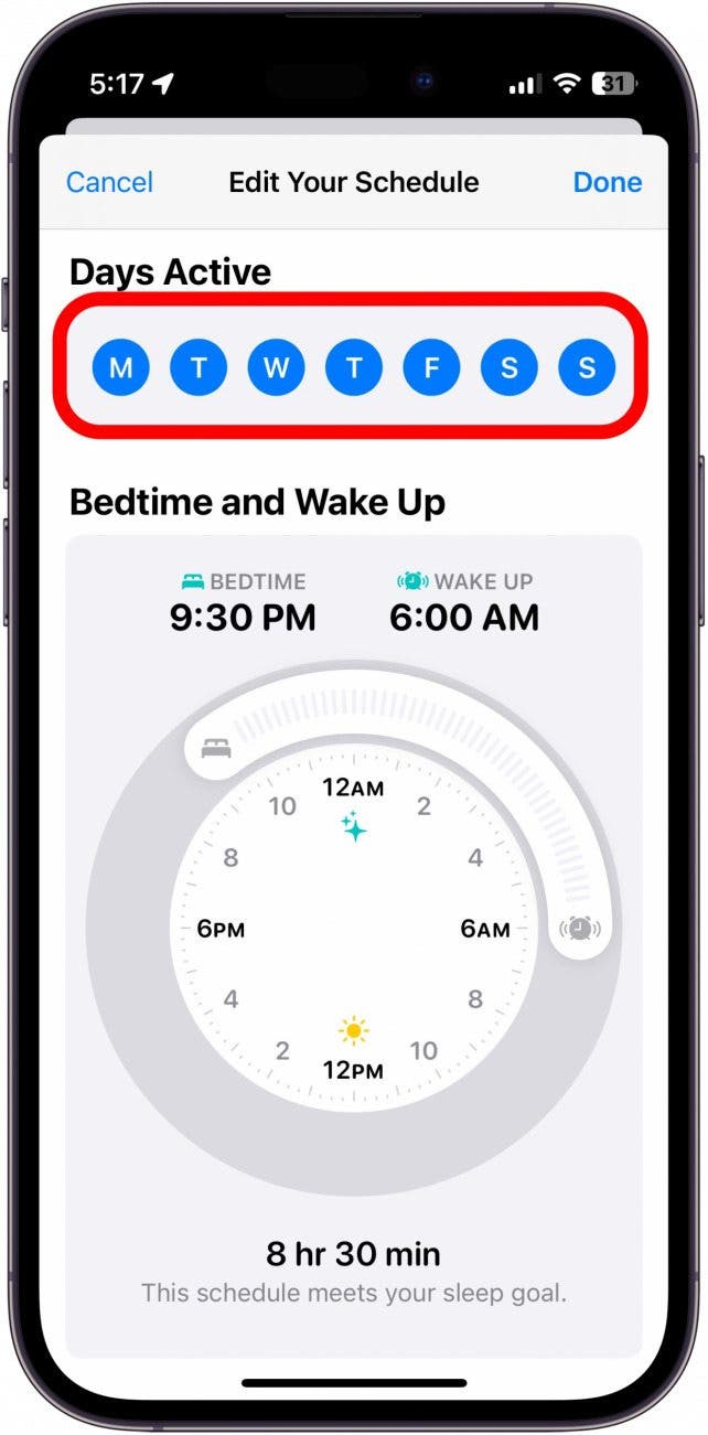 screenshot of iphone sleep schedule with days active circled in red