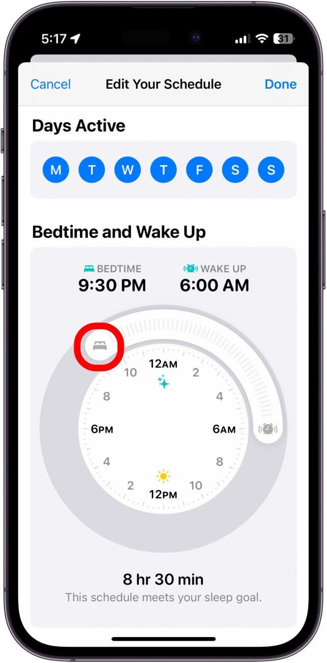 screenshot of iphone sleep schedule with bedtime slider circled in red