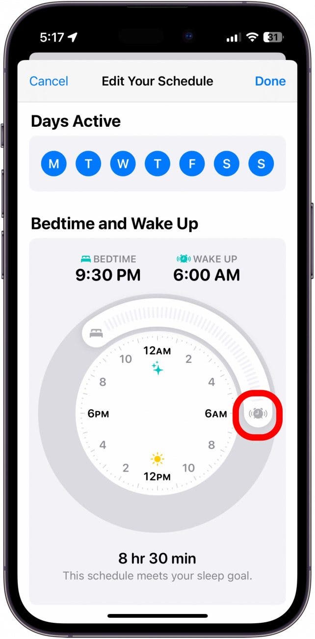 screenshot of iphone sleep schedule with wake up slider circled in red