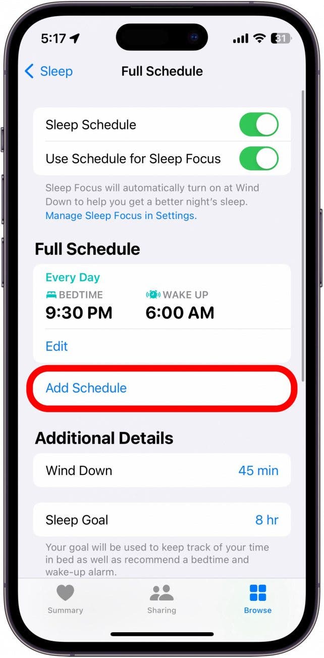 screenshot of iphone health app sleep menu with Edit Schedule circled in red