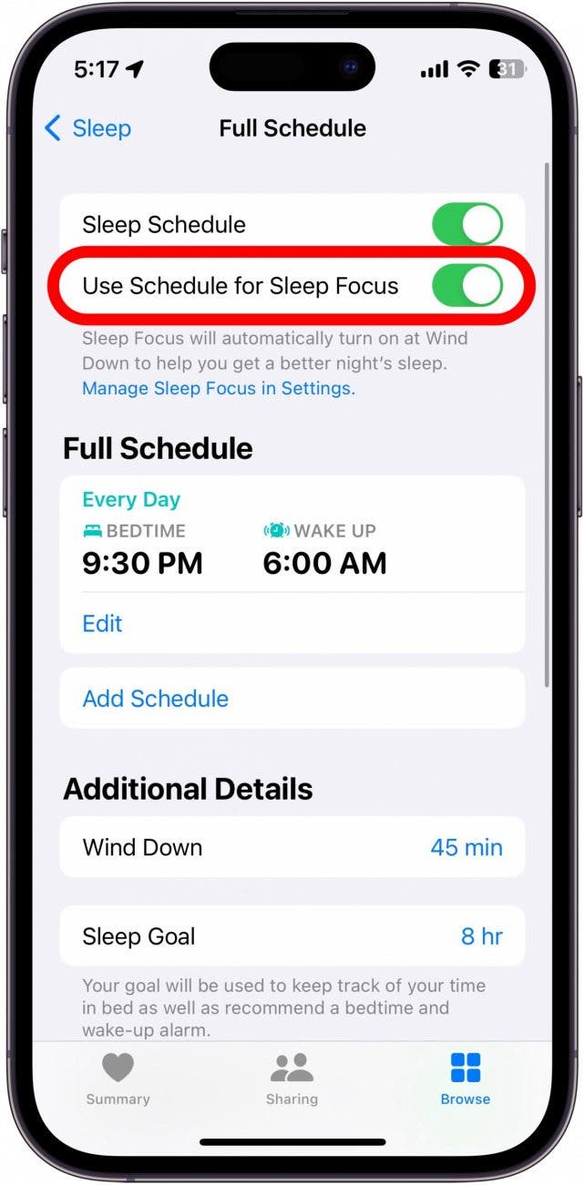 screenshot of iphone health app sleep menu with use schedule for sleep focus circled in red