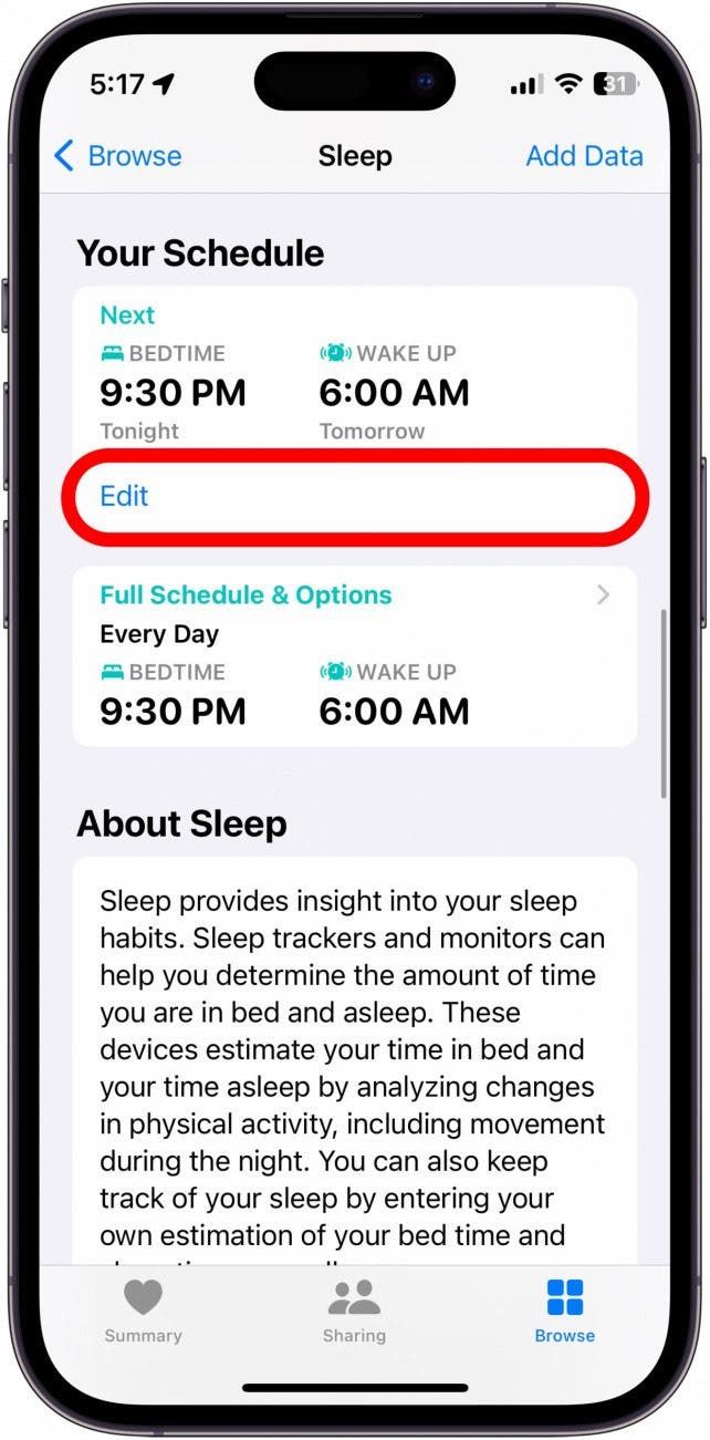 screenshot of iphone health app sleep menu with edit button under next schedule circled in red