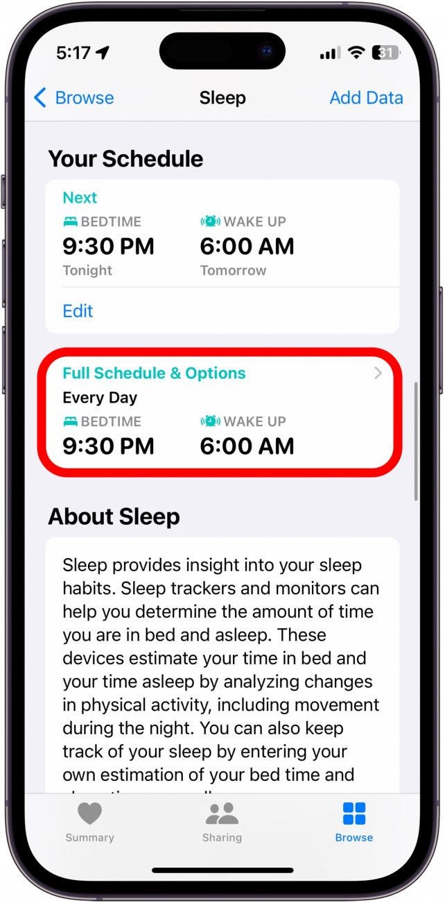 screenshot of iphone health app sleep menu with full schedule and options circled in red