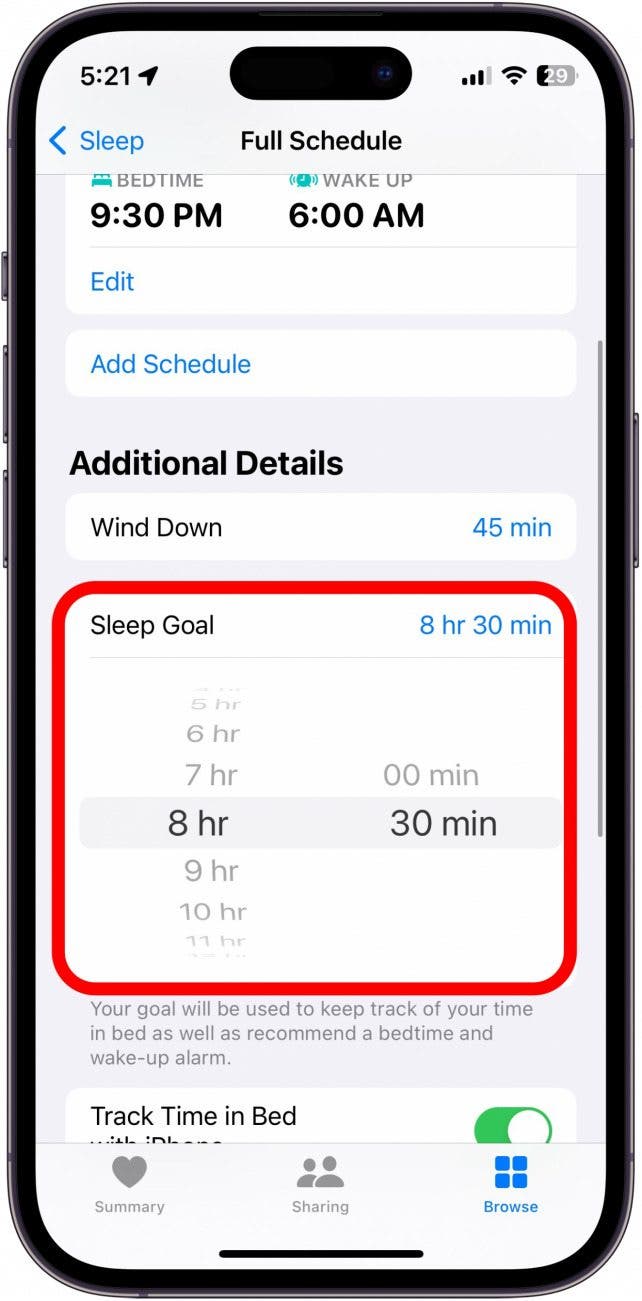 screenshot of iphone health app sleep menu with sleep goal circled in red