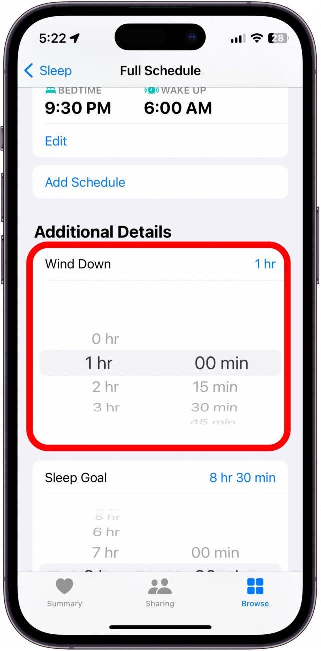 screenshot of iphone health app sleep menu with wind down time circled in red