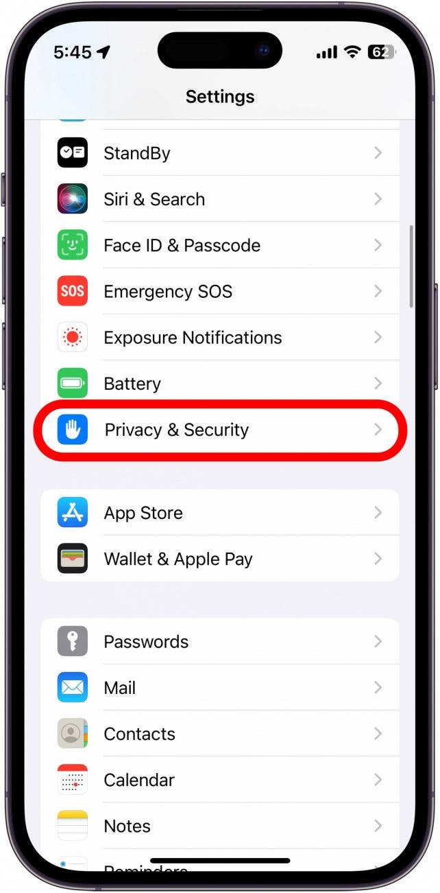 Screenshot of iPhone settings with privacy and security circled in red