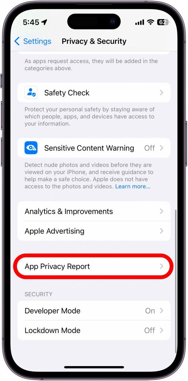 screenshot of iphone privacy and security screen with app privacy report circled in red