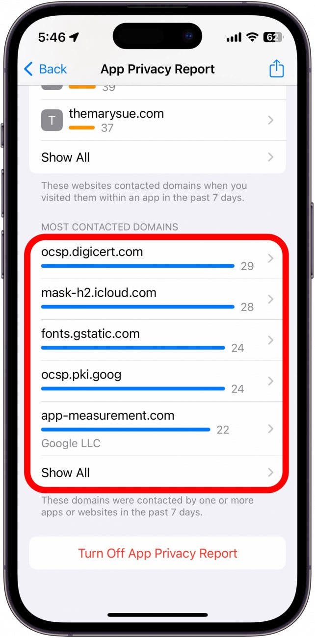 screenshot of iphone app privacy report with most contacted domains section circled in red