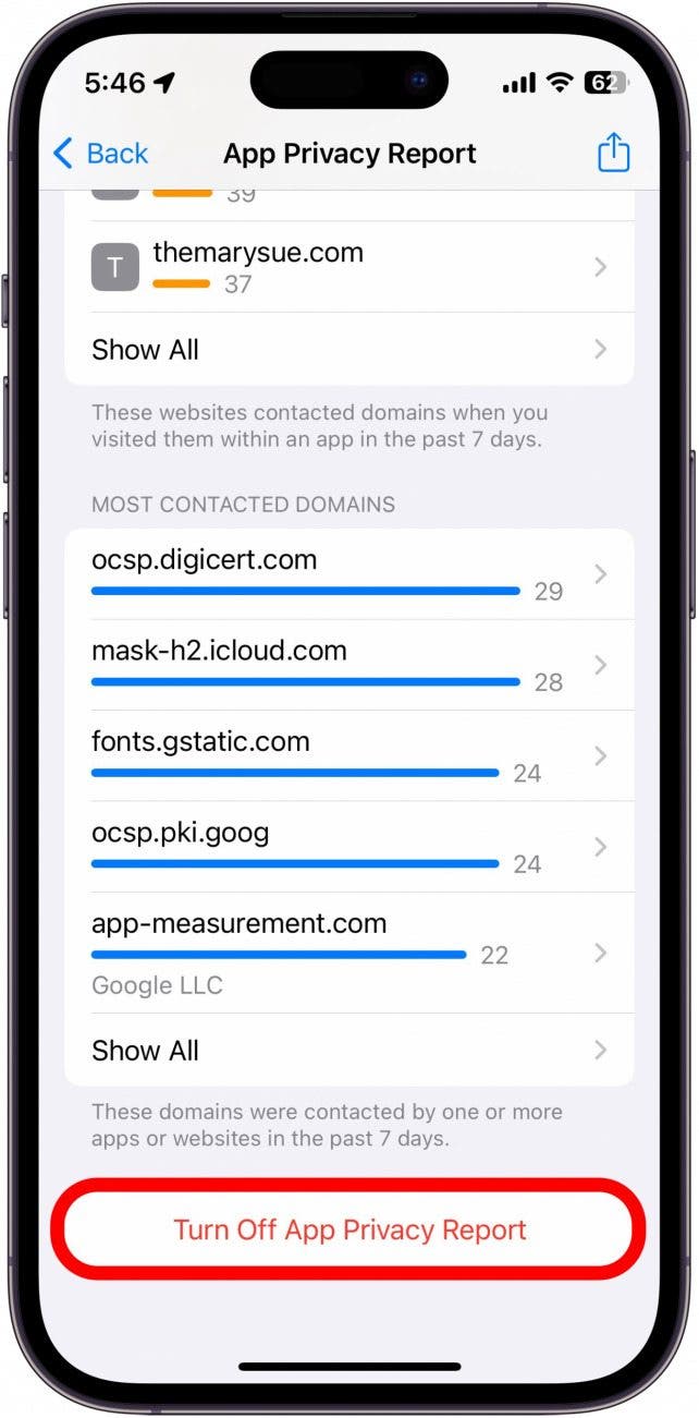 screenshot of iphone app privacy report with turn off app privacy report circled in red