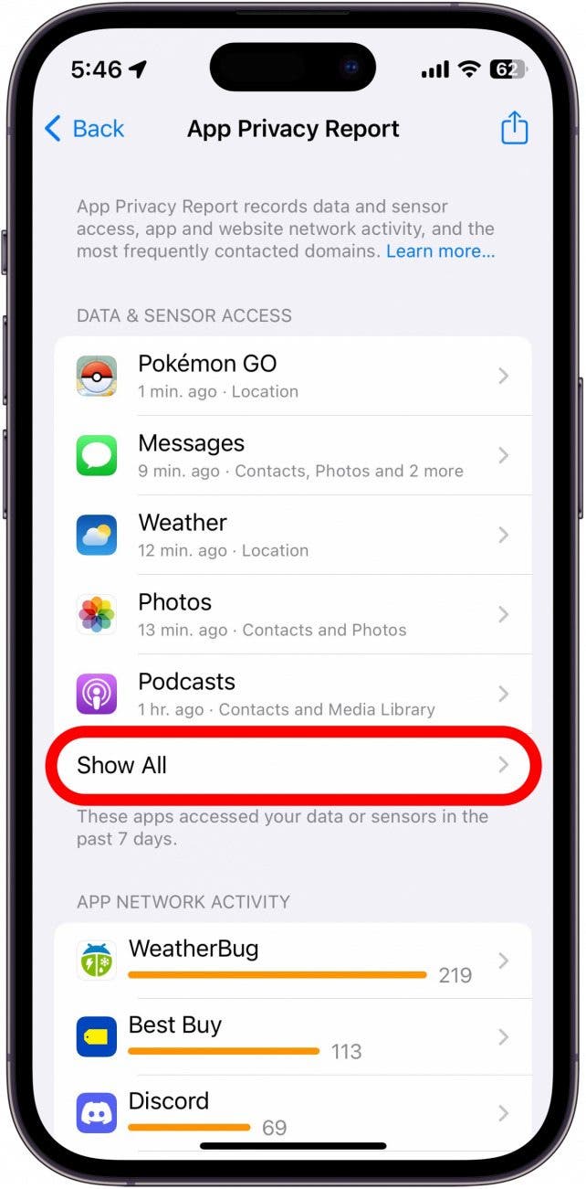 screenshot of iphone app privacy report with show all button circled in red