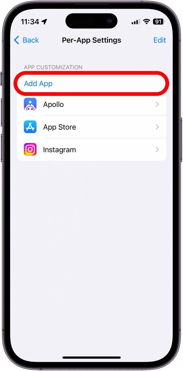 iPhone per app settings screenshot with add app circled in red