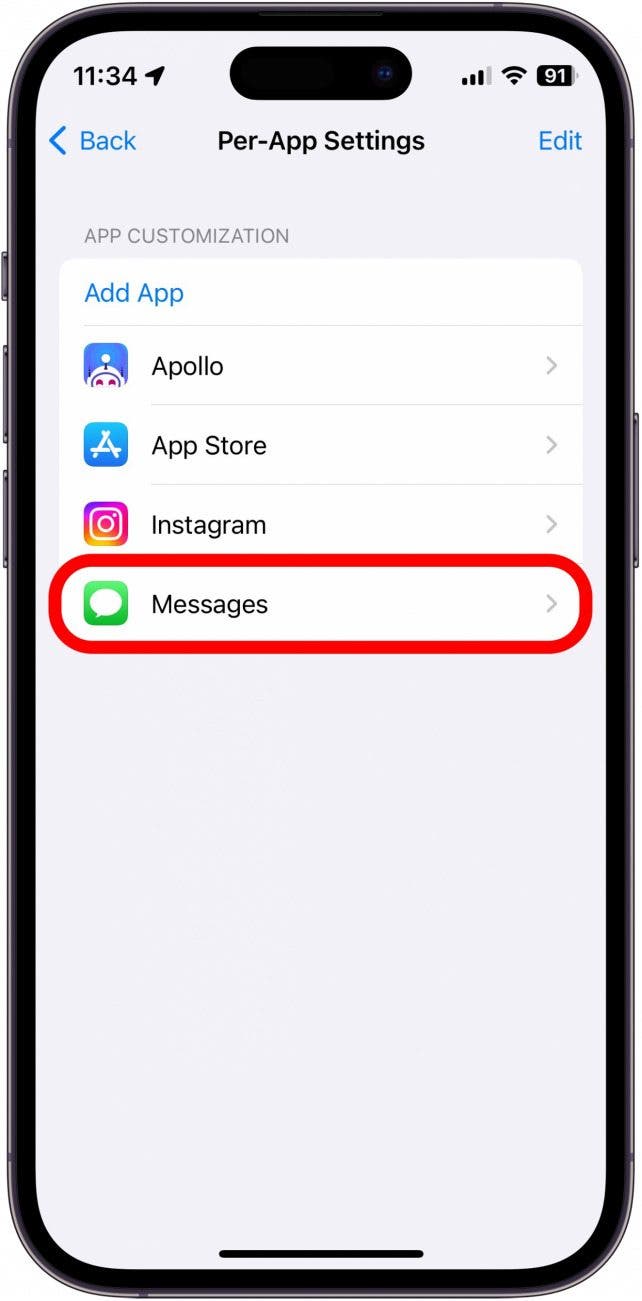 iPhone per app settings screenshot with messages app circled in red