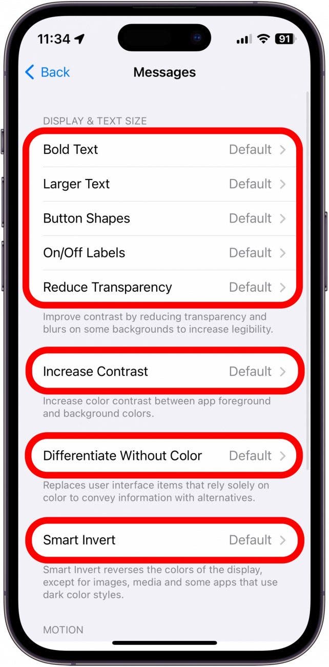 iPhone per app settings screenshot showing available accessibility options