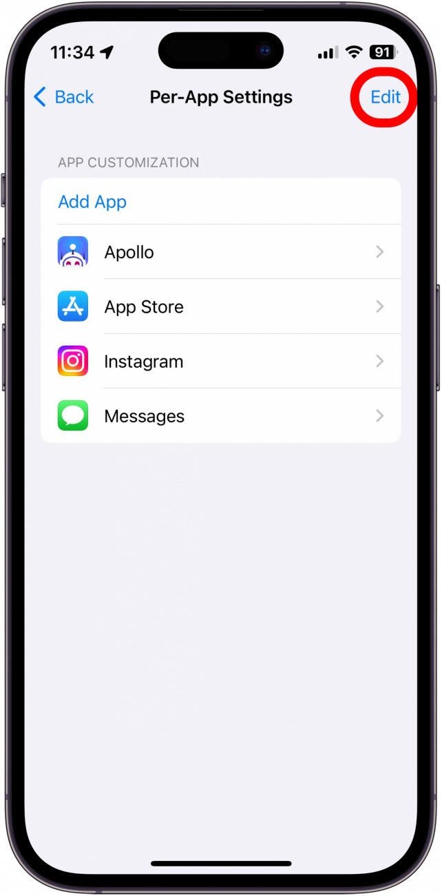 iPhone per app settings screenshot with edit button circled