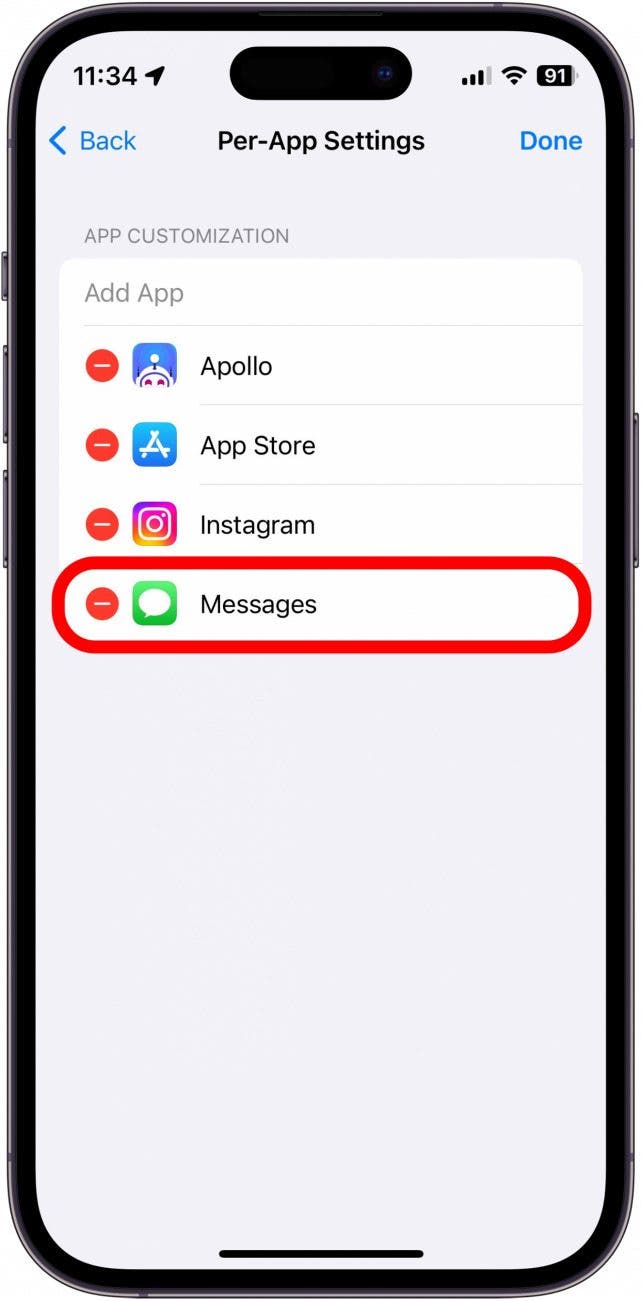 iPhone per app settings screenshot with messages app minus sign circled in red