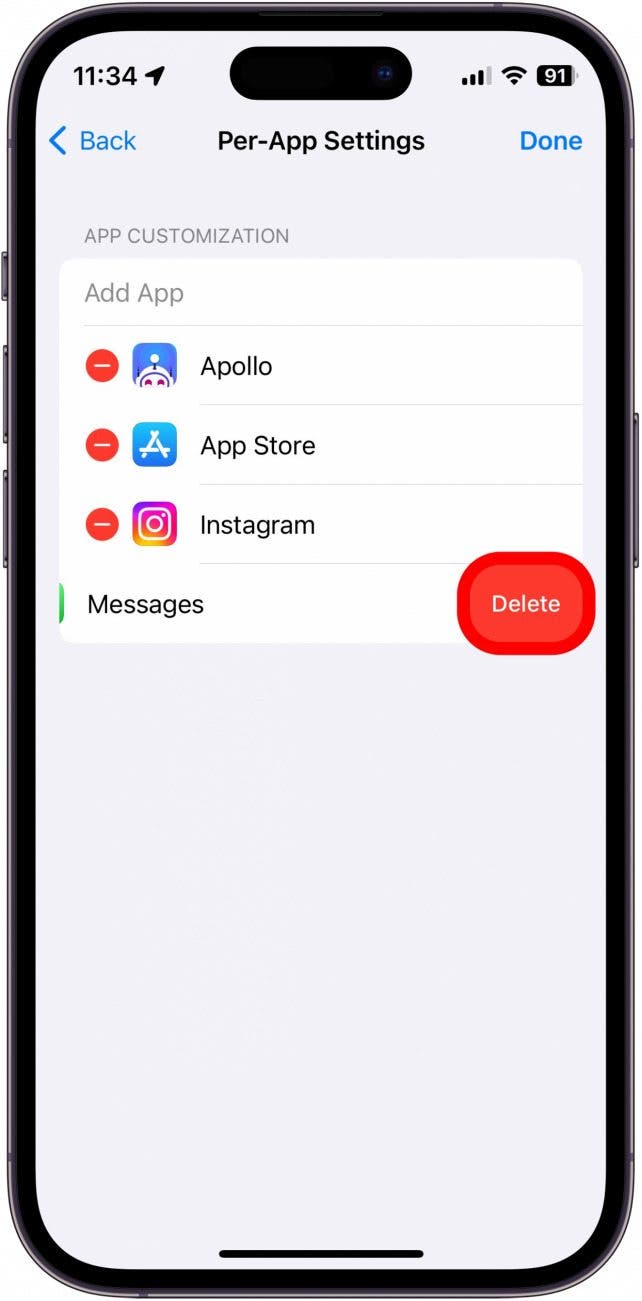 iPhone per app settings screenshot with delete button circled in red
