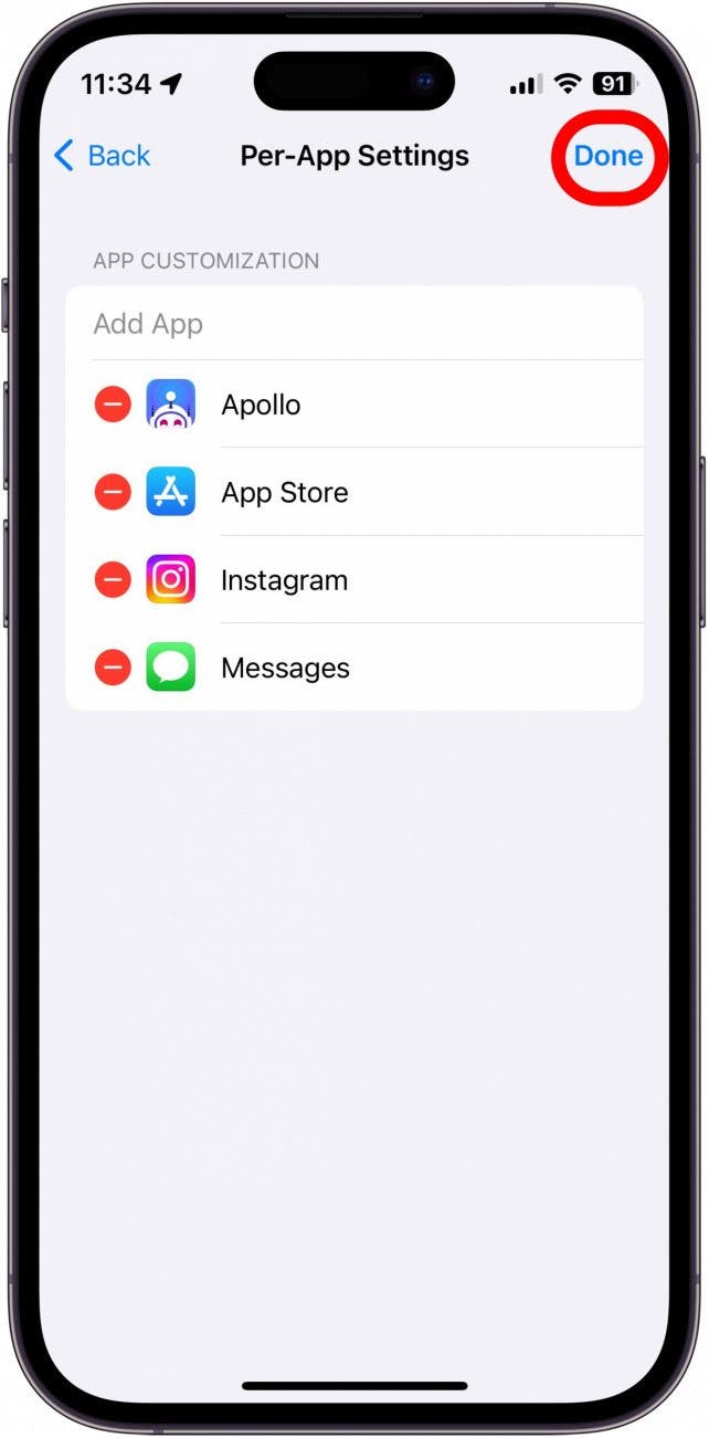 iPhone per app settings screenshot with done button circled in red