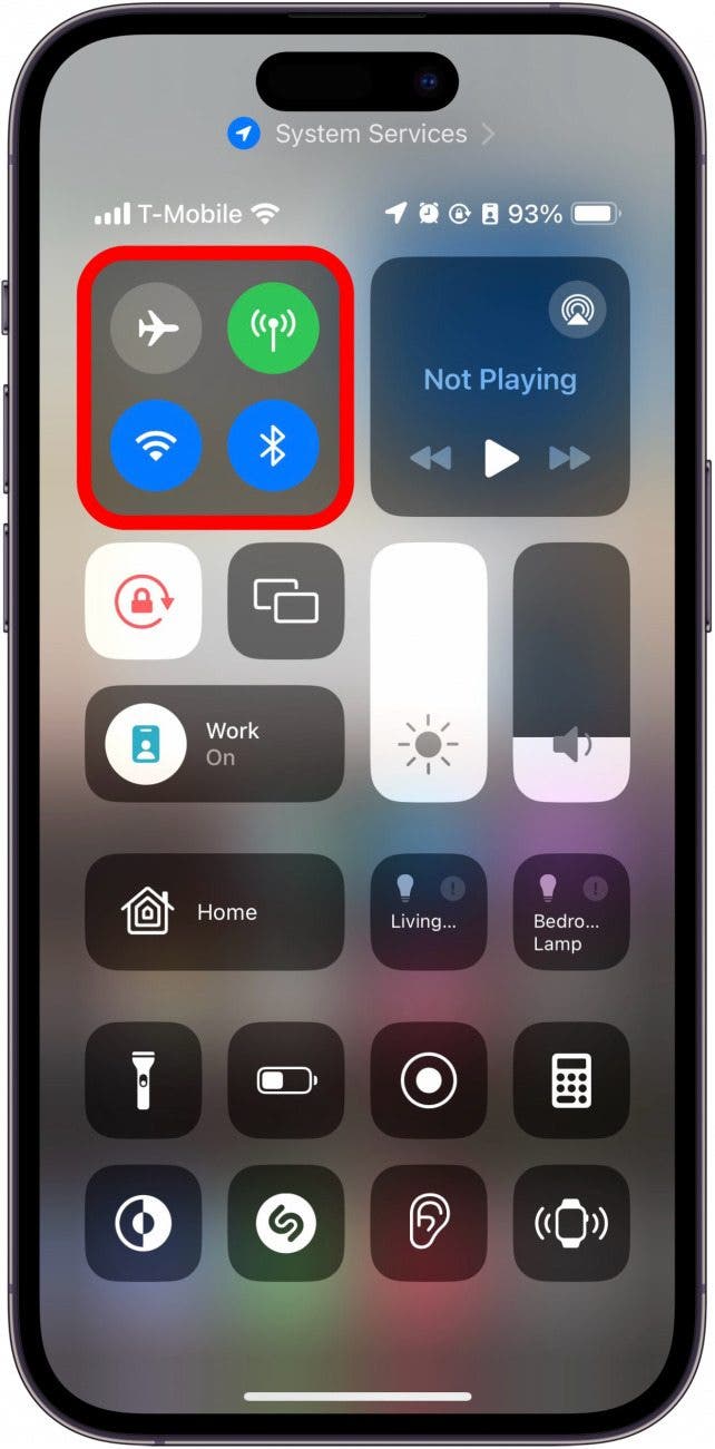 iphone control center with network controls circled in red