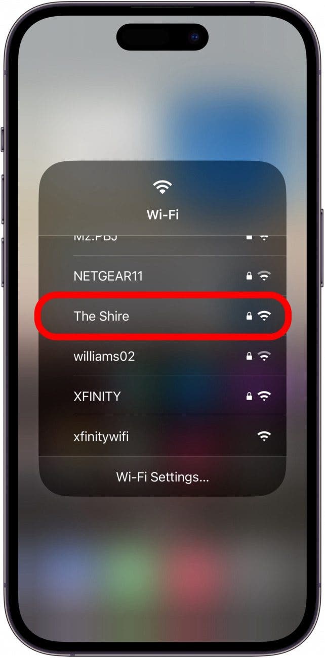 list of wifi networks on iphone with one specific network circled in red