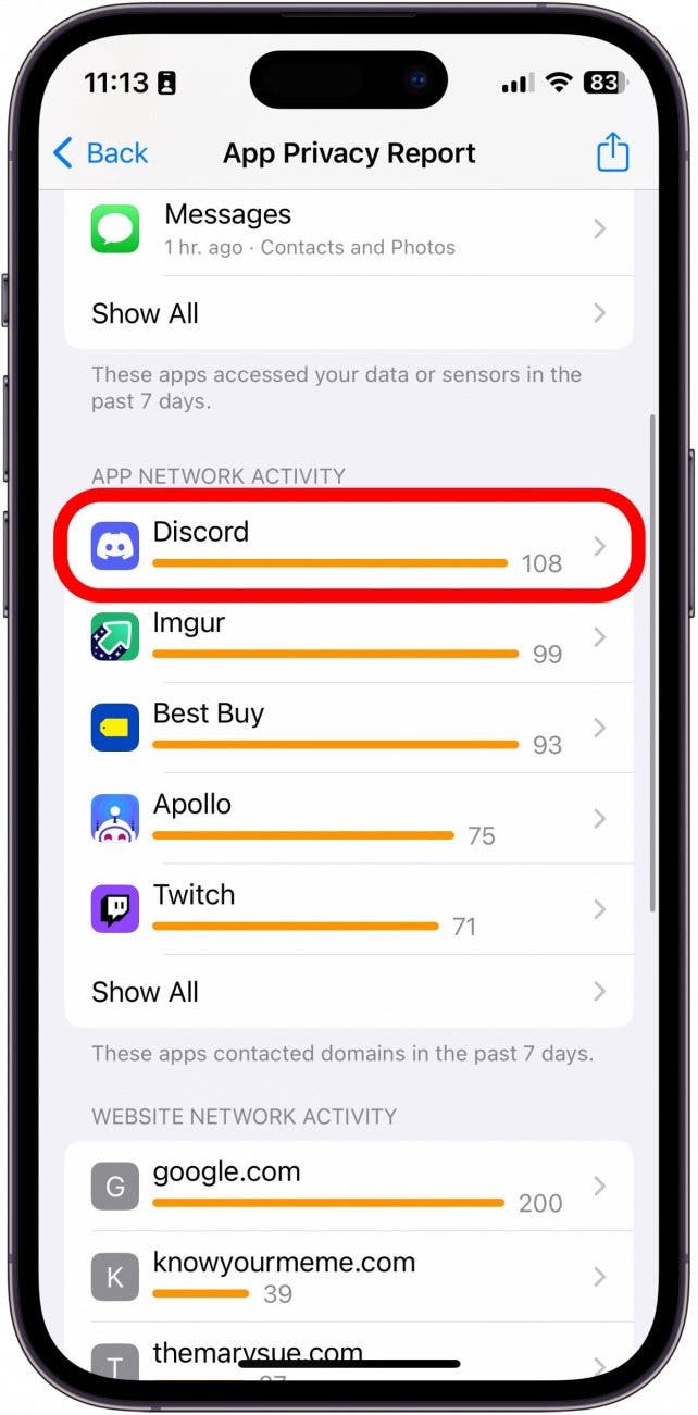 screenshot of iphone app privacy report with discord circled in red