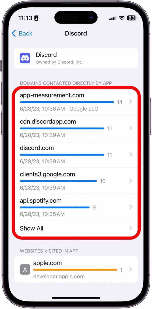 screenshot of discord app privacy report with domains circled in red 