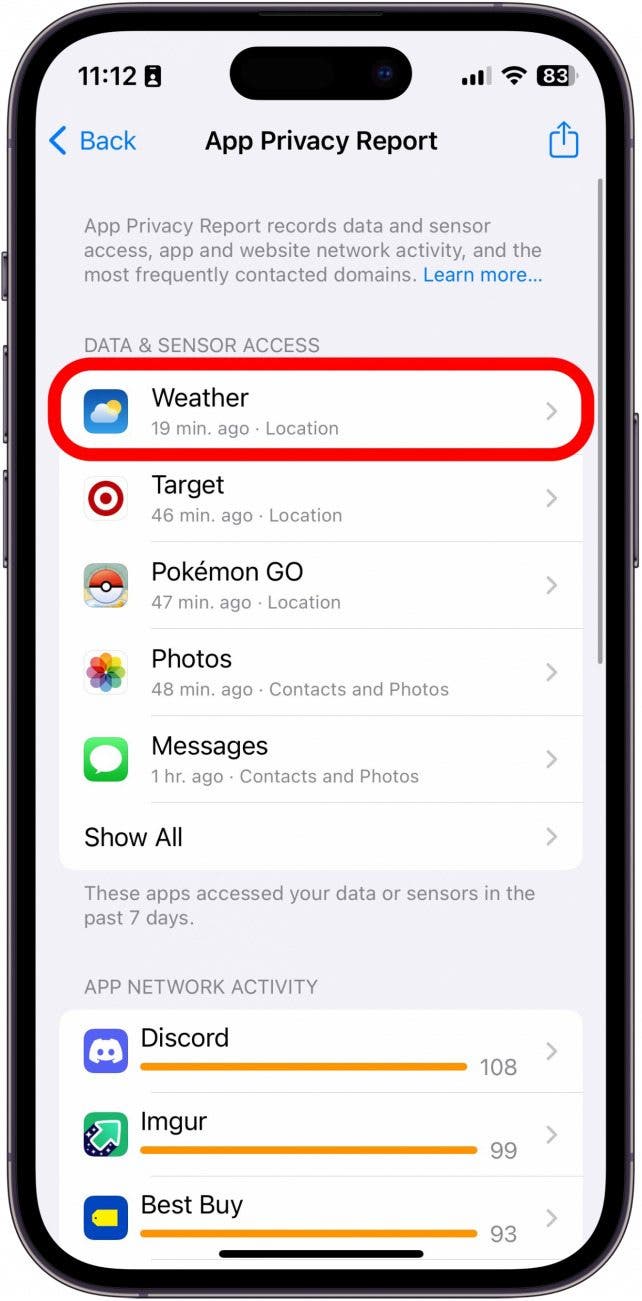 screenshot of iphone app privacy report with weather app circled in red