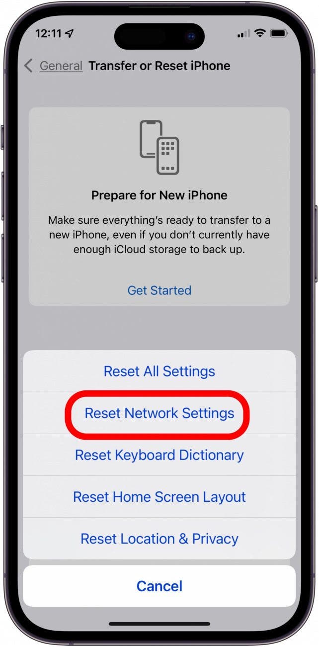 tap reset network settings