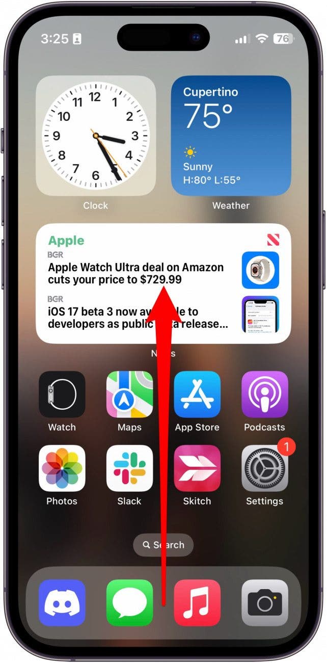 iphone home screen with red arrow pointing upward from the bottom of the screen