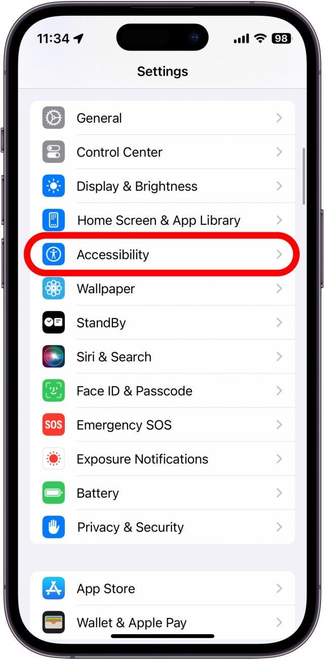 screenshot of iphone settings with accessibility circled in red