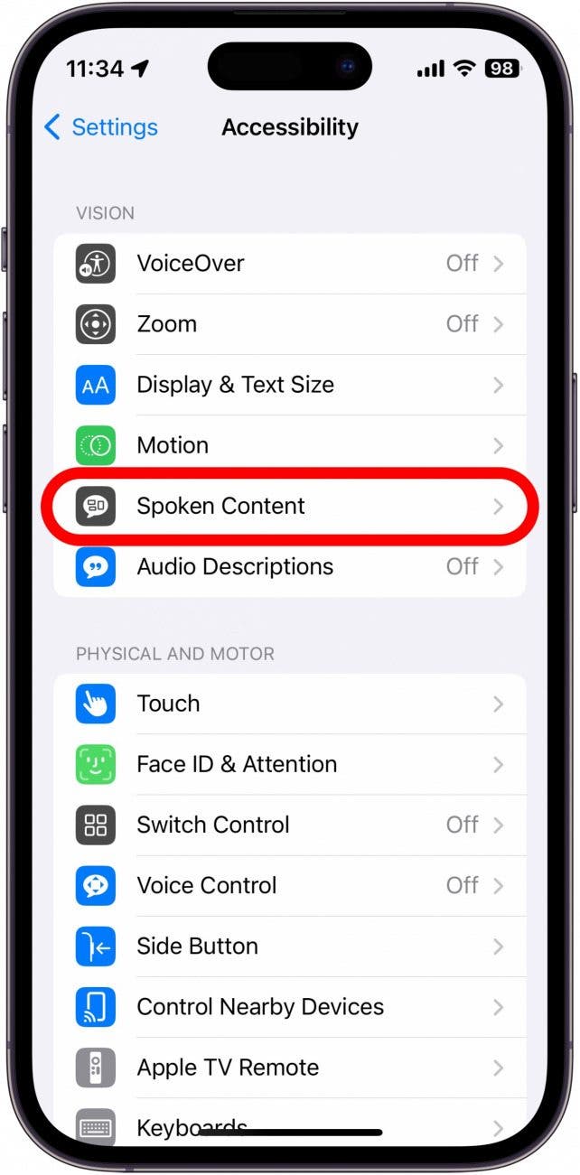 screenshot of iphone settings with spoken content option circled in red