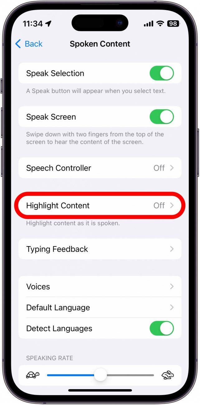 sceenshot of iphone text to speech settings with highlight content circled in red