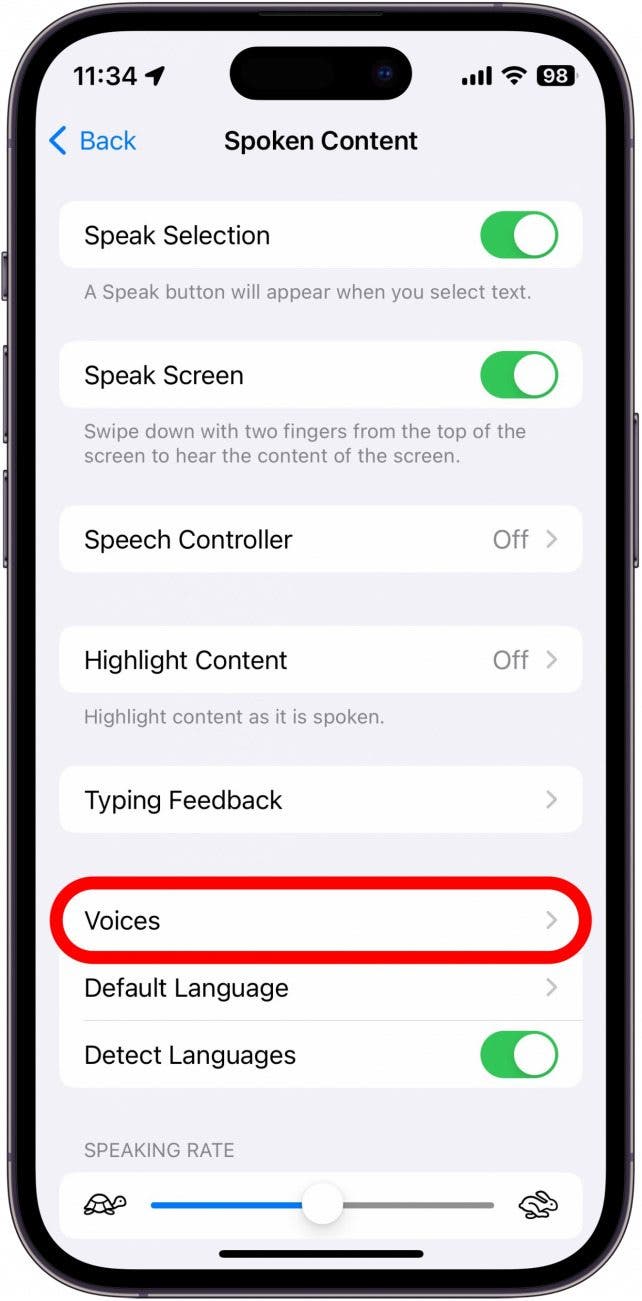 sceenshot of iphone text to speech settings with voices circled in red