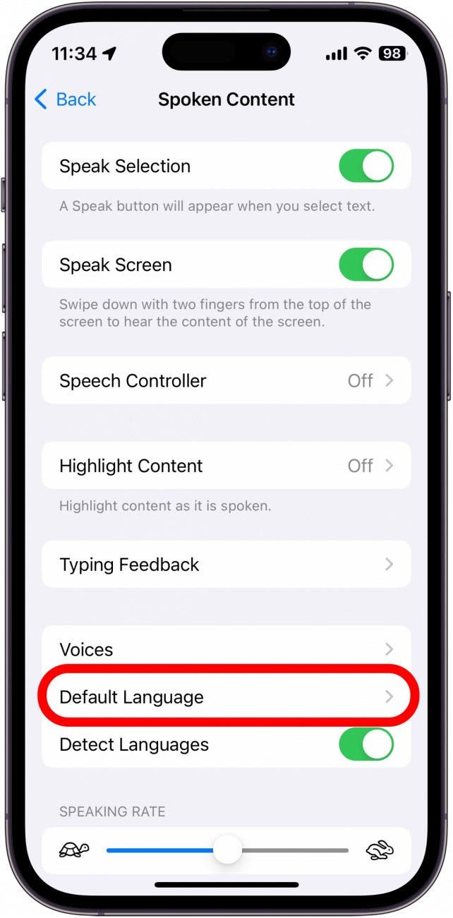 sceenshot of iphone text to speech settings with default language circled in red