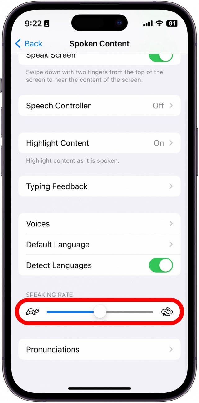 sceenshot of iphone text to speech settings with speech rate bar circled in red