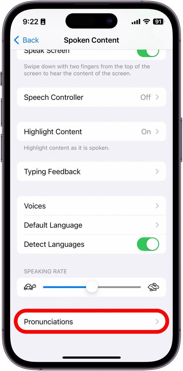 sceenshot of iphone text to speech settings with pronunciations circled in red 