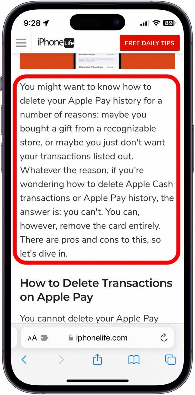 screenshot of web article with paragraph circled in red, indicating to tap and hold the text