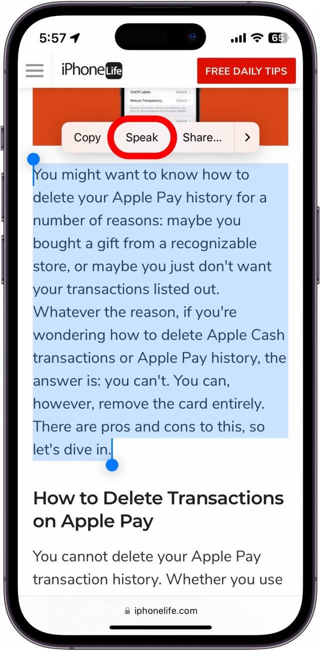 screenshot of web article with text highlighted and speak option circled in red
